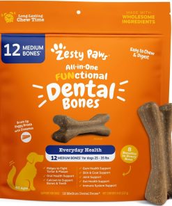 Zesty Paws Dental Bones for Medium Dogs (12 Count) – Cinnamon Flavor Dental Sticks | Fights Tartar & Plaque, Supports Gums, Teeth, Breath, Joints, Gut, Skin & Coat with Omega-3, Calcium & EpiCor